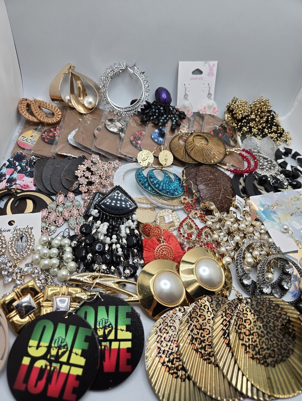 50 Pair Costume Jewelry Earrings Lot 1.68 Lbs Reseller Craft Wear Mixed Styles
